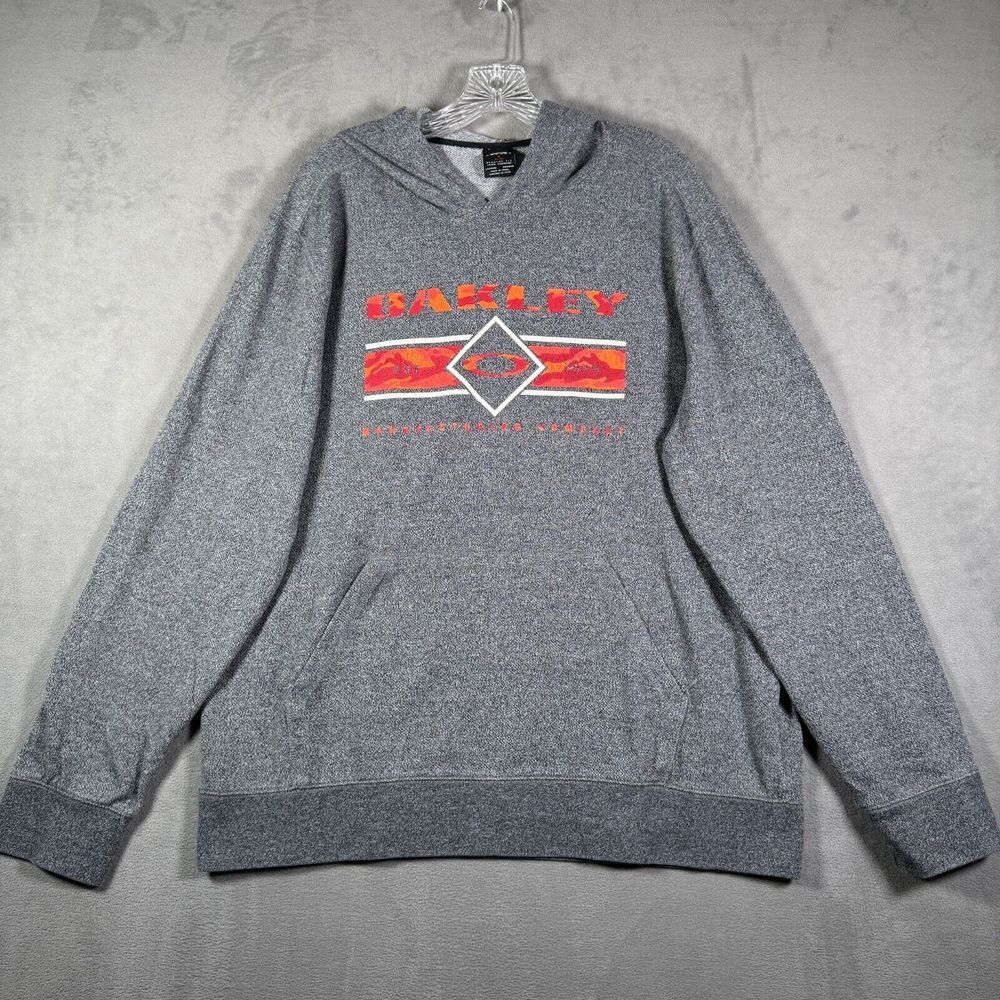 Oakley Hoodie Mens XL Gray Spellout Logo Pullover Sweatshirt Pocket Athleisure